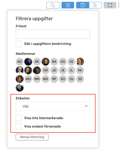 Utökad filtrering i uppgiftstavlor