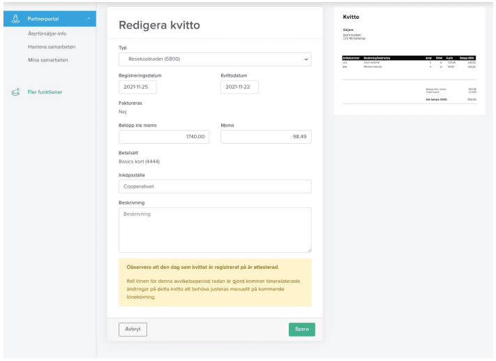 Redigera kvitton i partnerportalen