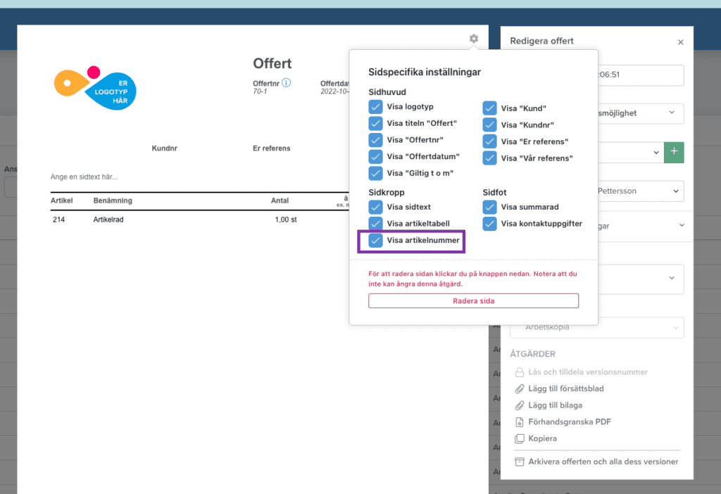Möjlighet att dölja artikelnummer i offert