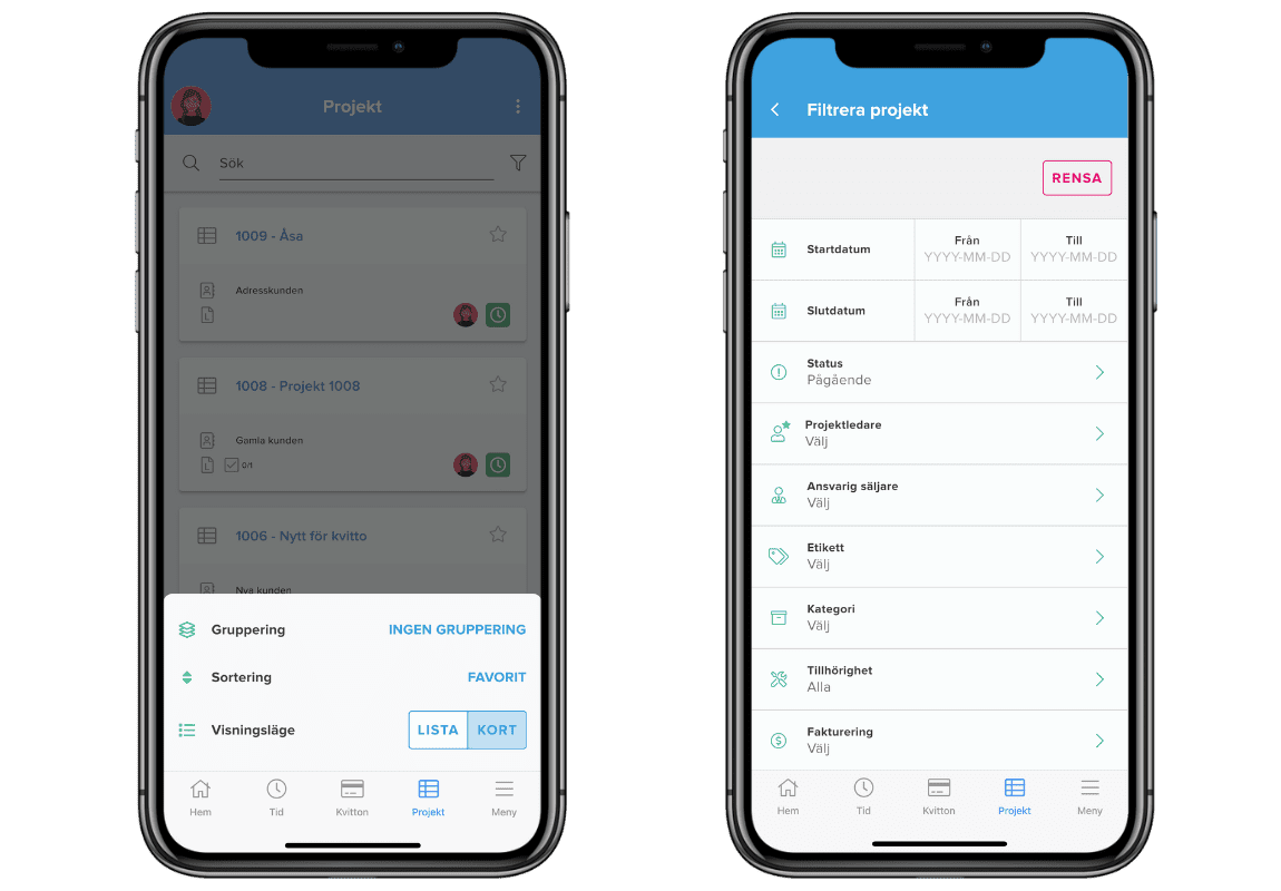 Gruppering, sortering, filtrering av projekt i Blikks mobilapp