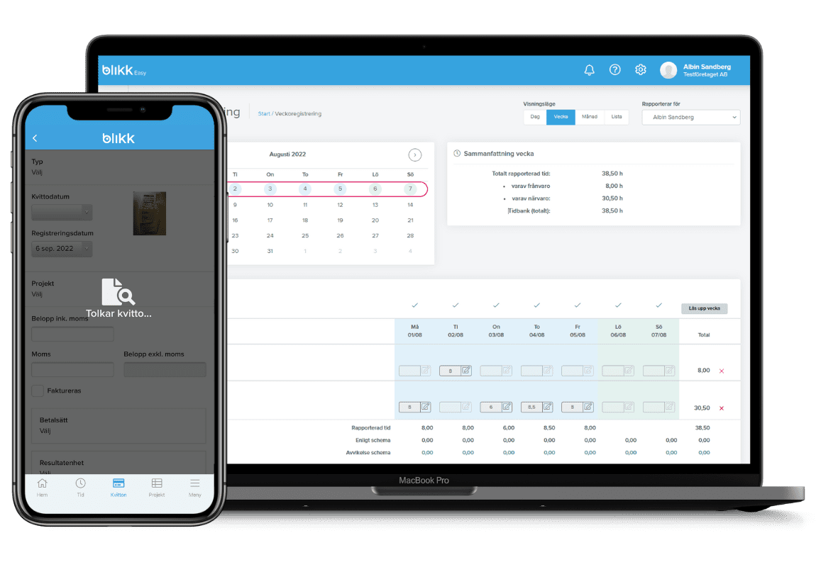 Registrera tid, utlägg och resor i Blikk