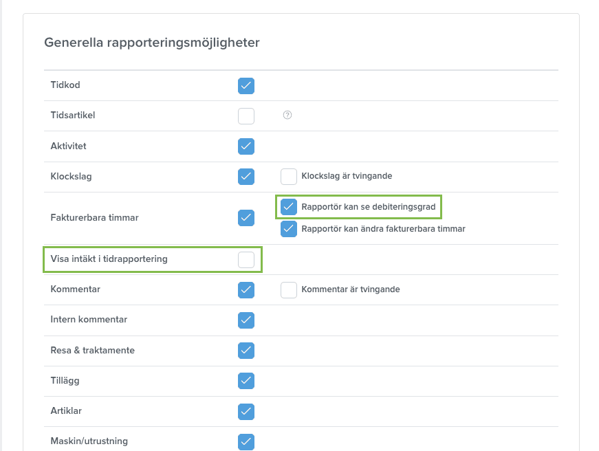 Utökade valmöjligheter i rapporteringsprofiler