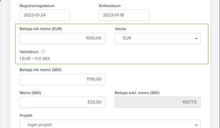 Uträkningshjälp på kvitton med utländsk valuta