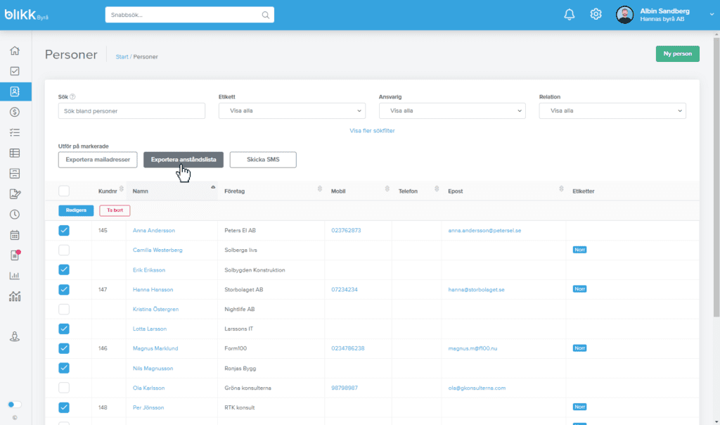 Markera personer och exportera anståndslista
